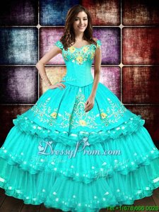 Glittering Off The Shoulder Sleeveless Organza Vestidos de Quinceanera Embroidery and Ruffled Layers Lace Up
