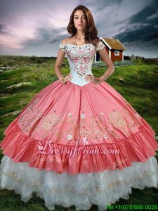 Hot Sale Ball Gowns Ball Gown Prom Dress Watermelon Red Off The Shoulder Organza and Taffeta Sleeveless Floor Length Lace Up