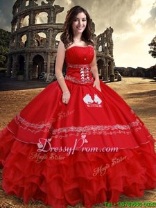 Deluxe Red Sweet 16 Dress Military Ball and Sweet 16 and Quinceanera and For withEmbroidery and Ruffled Layers Strapless Sleeveless Lace Up