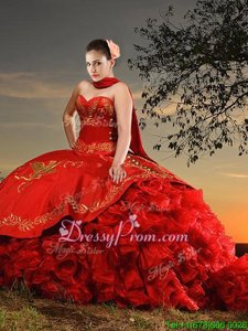 Best Red Lace Up Sweetheart Embroidery and Ruffles Vestidos de Quinceanera Organza and Taffeta Sleeveless Brush Train