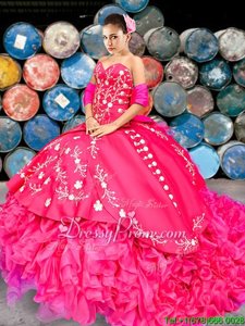 Hot Pink 15 Quinceanera Dress Military Ball and Sweet 16 and Quinceanera and For withBeading and Embroidery and Ruffles Sweetheart Sleeveless Brush Train Lace Up