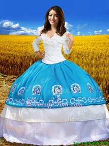 Pretty Floor Length Lace Up Quinceanera Gown White and Blue and Blue And White and In forMilitary Ball and Sweet 16 and Quinceanera withLace and Embroidery