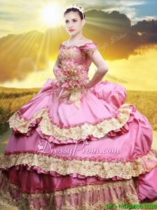 Traditional Lace and Appliques and Pick Ups Quinceanera Dress Rose Pink Lace Up Sleeveless Floor Length