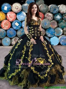 New Arrival Sleeveless Organza and Taffeta Floor Length Lace Up Quinceanera Dress inBlack forSpring and Summer and Fall and Winter withBeading and Embroidery and Ruffles