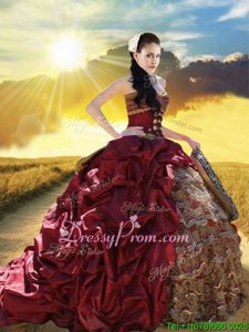 Captivating Burgundy Sweet 16 Dress Military Ball and Sweet 16 and Quinceanera and For withBeading and Ruffled Layers and Pick Ups Sweetheart Sleeveless Court Train Lace Up