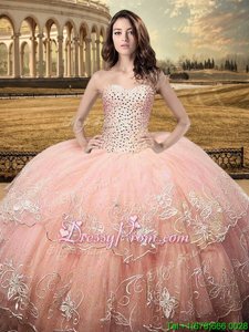 Exceptional Peach Ball Gowns Beading and Embroidery Quinceanera Gowns Lace Up Tulle Sleeveless Floor Length