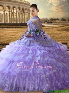 Fabulous Floor Length Lavender Sweet 16 Dress High-neck Long Sleeves Lace Up