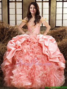 Stunning Baby Pink and Peach Ball Gowns Organza and Taffeta Off The Shoulder Sleeveless Beading and Ruffles and Pick Ups Floor Length Lace Up Ball Gown Prom Dress