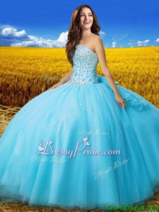 Exceptional Aqua Blue Ball Gowns Beading and Bowknot Quinceanera Gown Lace Up Tulle Sleeveless Floor Length