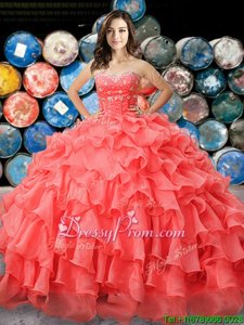 Captivating Coral Red Sweetheart Neckline Beading and Ruffles Ball Gown Prom Dress Sleeveless Lace Up