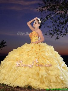 Pretty Yellow Sleeveless Organza Lace Up 15 Quinceanera Dress forMilitary Ball and Sweet 16 and Quinceanera