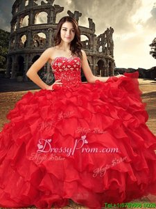 Sexy Red Organza Lace Up Vestidos de Quinceanera Sleeveless Floor Length Beading and Ruffles