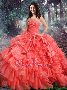 Exquisite Ball Gowns Quinceanera Gown Coral Red Strapless Organza Sleeveless Floor Length Lace Up