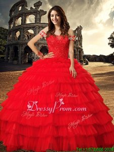 Elegant With Train Red Quinceanera Gowns Tulle Chapel Train Sleeveless Beading and Ruffled Layers