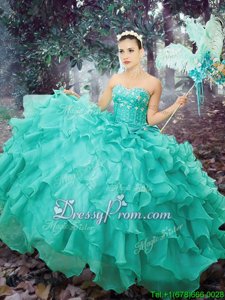 New Arrival Turquoise Sleeveless Floor Length Beading and Ruffled Layers Lace Up Ball Gown Prom Dress