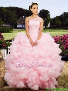 Customized Baby Pink Sleeveless Floor Length Beading Lace Up Sweet 16 Dress