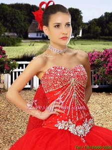 Low Price With Train Lace Up Quince Ball Gowns Red and In forMilitary Ball and Sweet 16 and Quinceanera withBeading and Lace Watteau Train