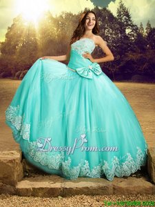 Decent Apple Green Strapless Neckline Beading and Lace and Bowknot Quinceanera Gown Sleeveless Lace Up