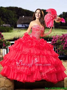 Most Popular Floor Length Ball Gowns Sleeveless Coral Red Sweet 16 Quinceanera Dress Lace Up
