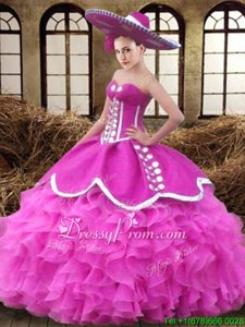 Fuchsia Sleeveless Organza Lace Up Sweet 16 Dresses forMilitary Ball and Sweet 16 and Quinceanera
