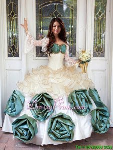 Elegant Floor Length White Quince Ball Gowns Organza and Taffeta Sleeveless Spring and Summer and Fall and Winter Beading and Ruffles and Hand Made Flower