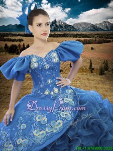 Customized Floor Length Blue Sweet 16 Quinceanera Dress Organza Short Sleeves Spring and Summer and Fall and Winter Appliques and Ruffles