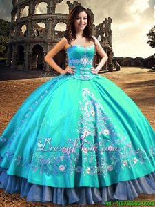 Stunning Aqua Blue Ball Gowns Embroidery Vestidos de Quinceanera Lace Up Taffeta Sleeveless Floor Length
