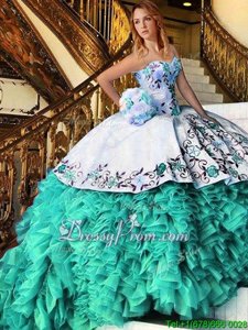 Suitable Floor Length White and Turquoise 15th Birthday Dress Sweetheart Sleeveless Lace Up