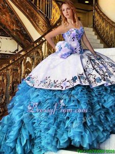 Free and Easy Sleeveless Organza Floor Length Lace Up Quinceanera Gown inBaby Blue forSpring and Summer and Fall and Winter withAppliques and Embroidery and Ruffles