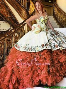 Rust Red Lace Up Sweetheart Appliques and Embroidery and Ruffles Sweet 16 Dresses Organza Sleeveless