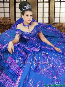 Stylish Royal Blue Satin Lace Up Ball Gown Prom Dress Sleeveless Floor Length Embroidery