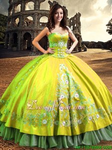 Delicate Yellow Ball Gowns Satin One Shoulder Sleeveless Lace and Embroidery Floor Length Lace Up Sweet 16 Quinceanera Dress
