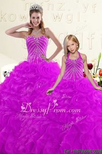 Stylish Purple Organza Lace Up Quinceanera Dress Sleeveless Floor Length Beading and Ruffles