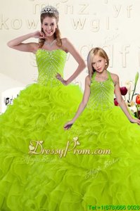 Glittering Yellow Green Organza Lace Up Sweetheart Sleeveless Floor Length Quince Ball Gowns Beading and Ruffles