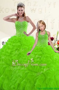 Unique Spring Green Ball Gowns Organza Sweetheart Sleeveless Beading and Ruffles Floor Length Lace Up Quince Ball Gowns