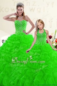 High End Green Ball Gowns Beading and Ruffles Sweet 16 Dresses Lace Up Organza Sleeveless Floor Length