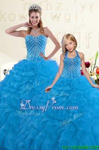 Luxury Blue Sweetheart Lace Up Beading and Ruffles Quince Ball Gowns Sleeveless