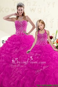 Superior Fuchsia Sweetheart Neckline Beading and Ruffles 15th Birthday Dress Sleeveless Lace Up