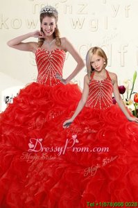 Most Popular Ball Gowns Quinceanera Dresses Red Sweetheart Organza Sleeveless Floor Length Lace Up