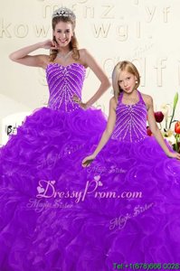 Romantic Sleeveless Floor Length Beading and Ruffles Lace Up Ball Gown Prom Dress with Purple