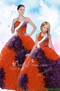 Fancy Orange Red Ball Gowns Strapless Sleeveless Fabric With Rolling Flowers Floor Length Lace Up Beading and Sequins Vestidos de Quinceanera