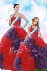 Edgy Ball Gowns Sweet 16 Dress Coral Red Strapless Fabric With Rolling Flowers Sleeveless Floor Length Lace Up