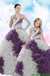 Fashionable White Lace Up Strapless Beading and Sequins 15 Quinceanera Dress Fabric With Rolling Flowers Sleeveless