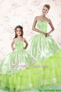 Artistic Yellow Green Organza Lace Up Sweetheart Sleeveless Floor Length Sweet 16 Quinceanera Dress Embroidery and Ruffled Layers
