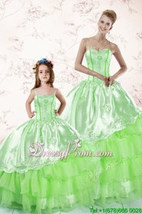 Spring Green Lace Up 15 Quinceanera Dress Embroidery and Ruffled Layers Sleeveless Floor Length