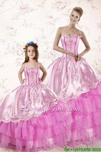Comfortable Sweetheart Sleeveless 15 Quinceanera Dress Floor Length Embroidery and Ruffled Layers Lilac Organza