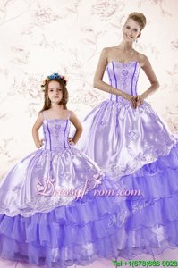 Fashion Lavender Ball Gowns Embroidery and Ruffled Layers Sweet 16 Dress Lace Up Organza Sleeveless Floor Length
