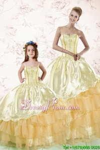 Pretty Gold Lace Up Quince Ball Gowns Embroidery and Ruffled Layers Sleeveless Floor Length