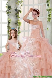 Clearance Floor Length Lace Up Quinceanera Dresses Peach and In forMilitary Ball and Sweet 16 withBeading and Ruffled Layers and Ruching