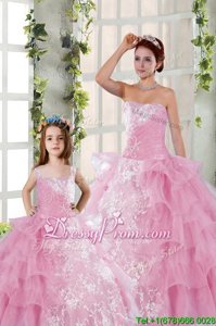 Suitable Sleeveless Organza Floor Length Lace Up 15 Quinceanera Dress inRose Pink forSpring and Summer and Fall and Winter withBeading and Ruffled Layers and Ruching